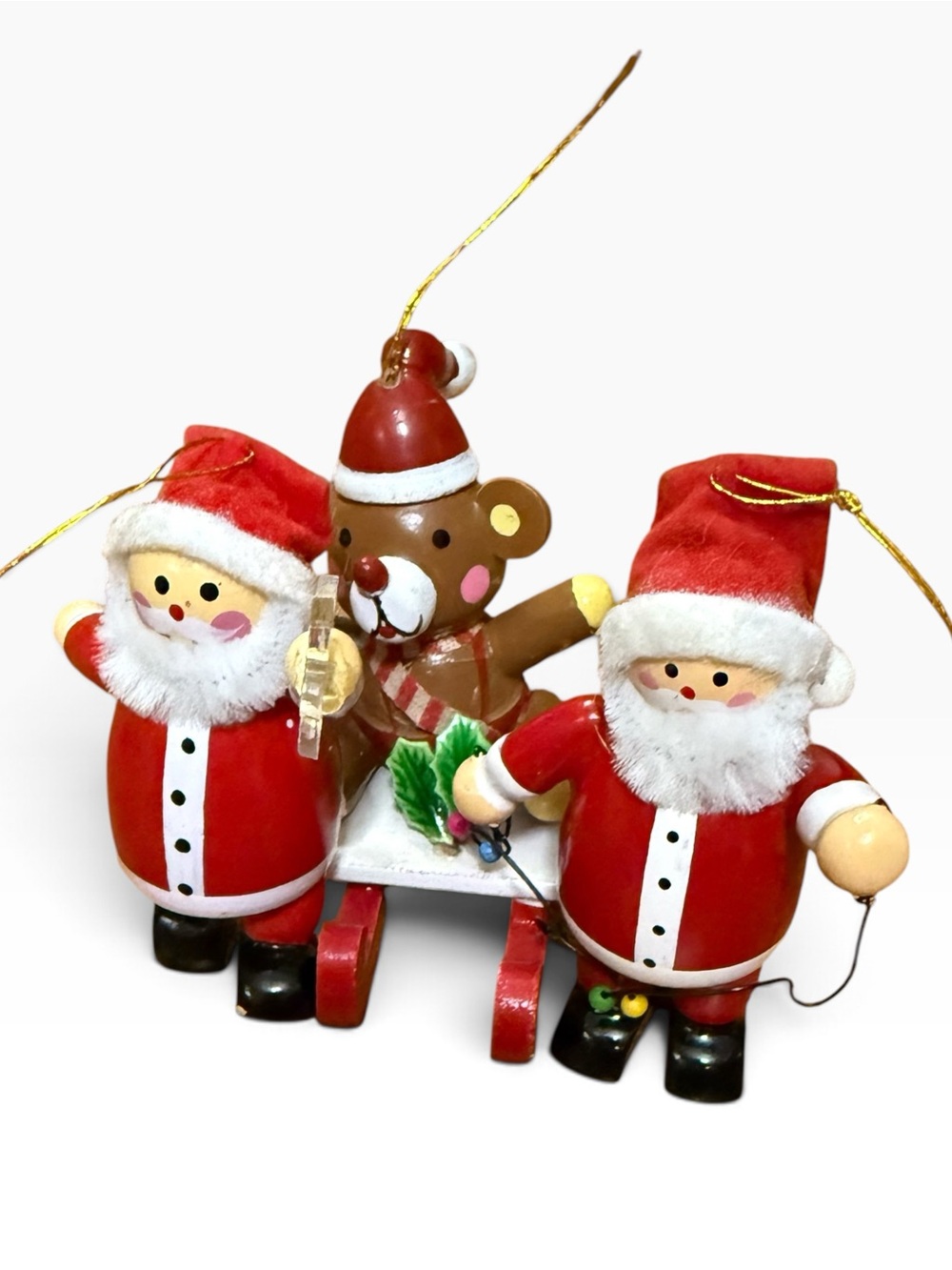 Vintage Kurt Adler 2 Wooden Santa’s & Taiwan Bear Sled Ornaments